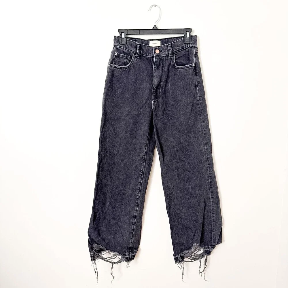 DL1961 Hepburn Wide Leg High Rise Jeans Jet Black Size 26 Anthropologie Distress